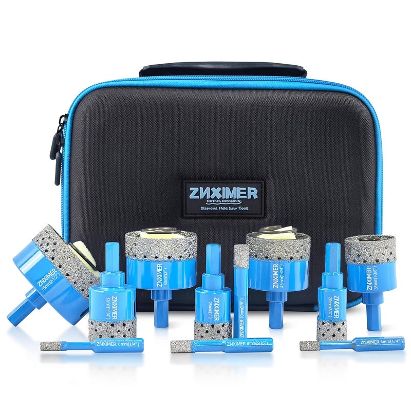 ZNXIMER Diamond Hole Saw kit - Porcelain Tile Hole Saw Kit for Ceramic, Granite, Marble and More Drilling - 11pcs Diamond Core Drill Bits Set(6/6/8/10/20/25/32/35/45/50/65MM) - Image 1
